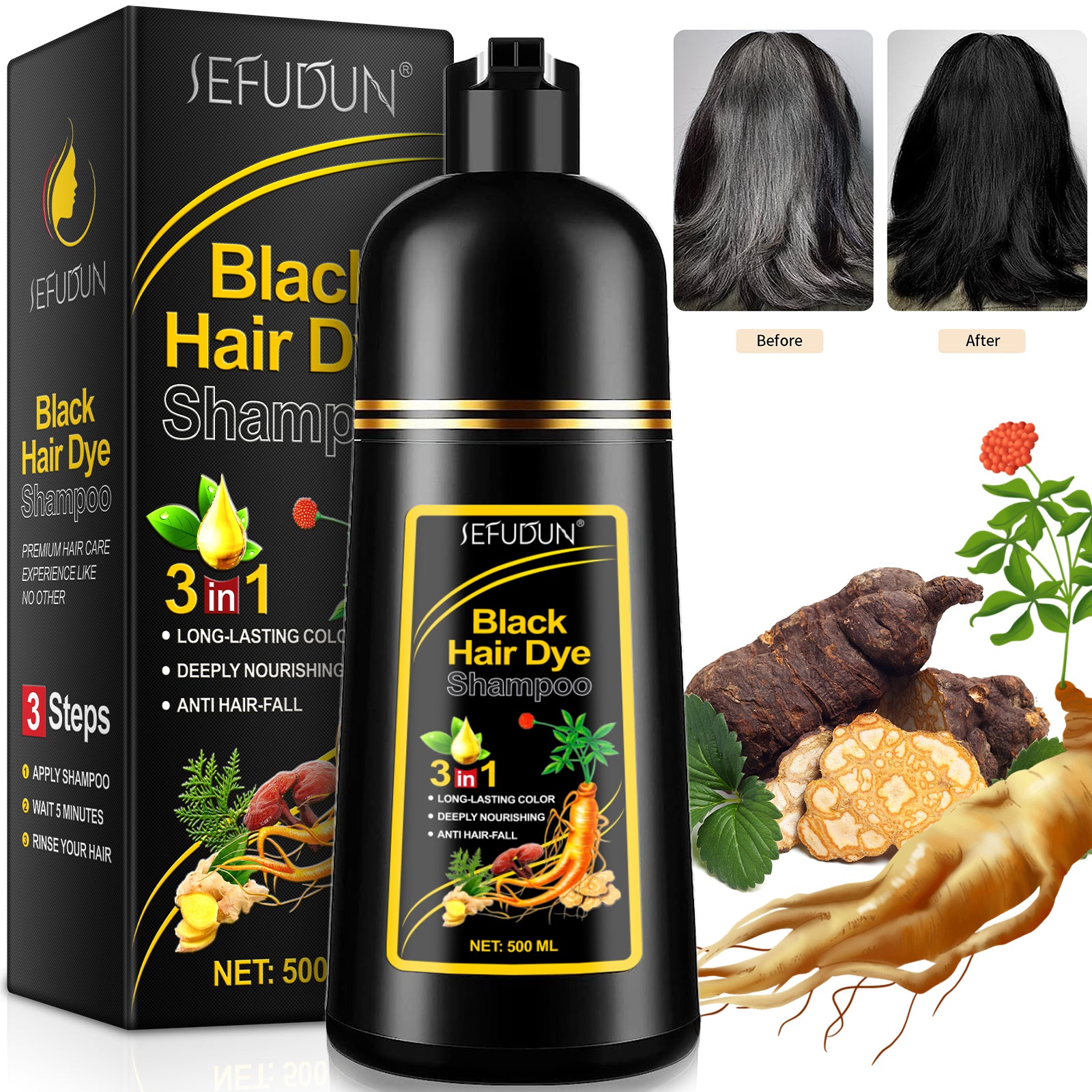 SEFUDUN 3in1 BLACK Hair Dye Shampoo, 500ml