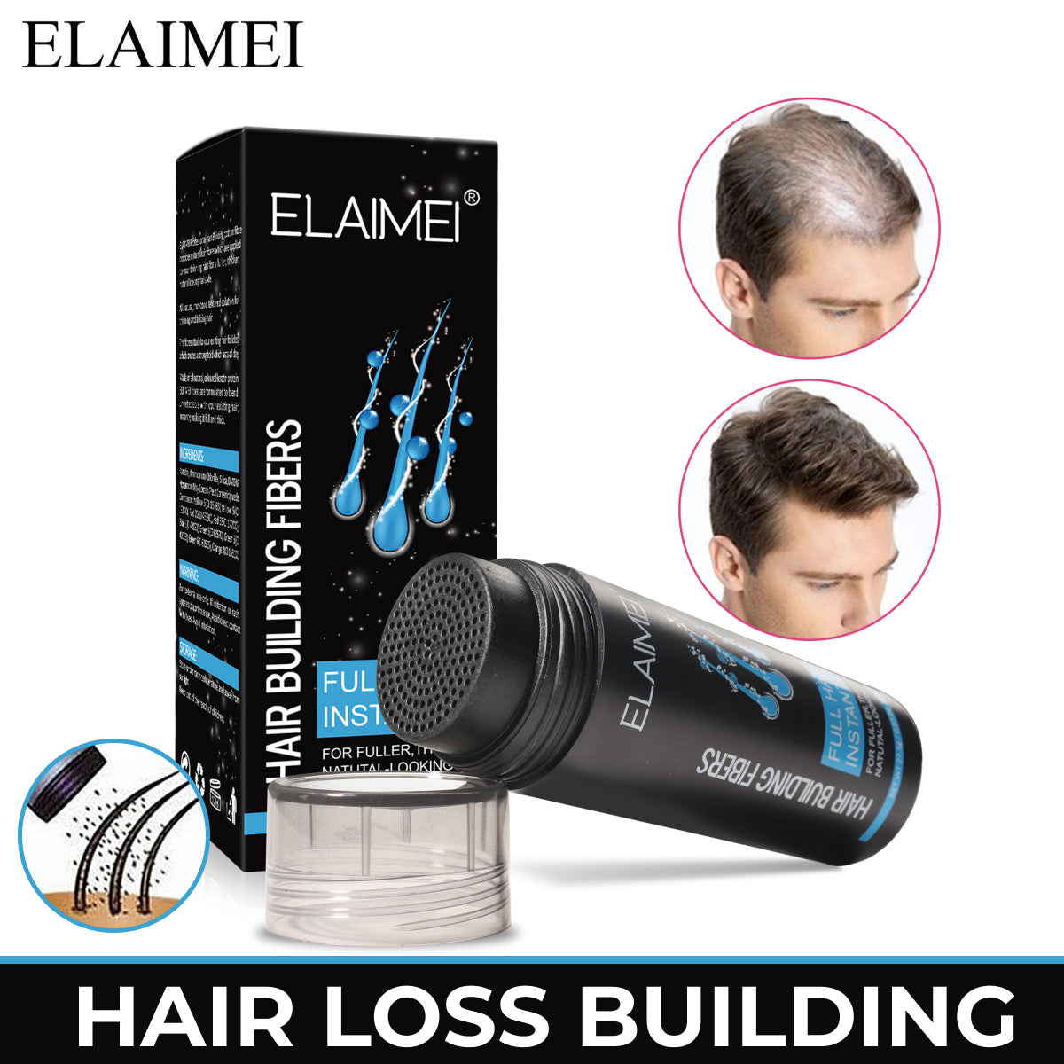 ELAIMEI Hair Loss Building Fibers, 27.5 g (Black)