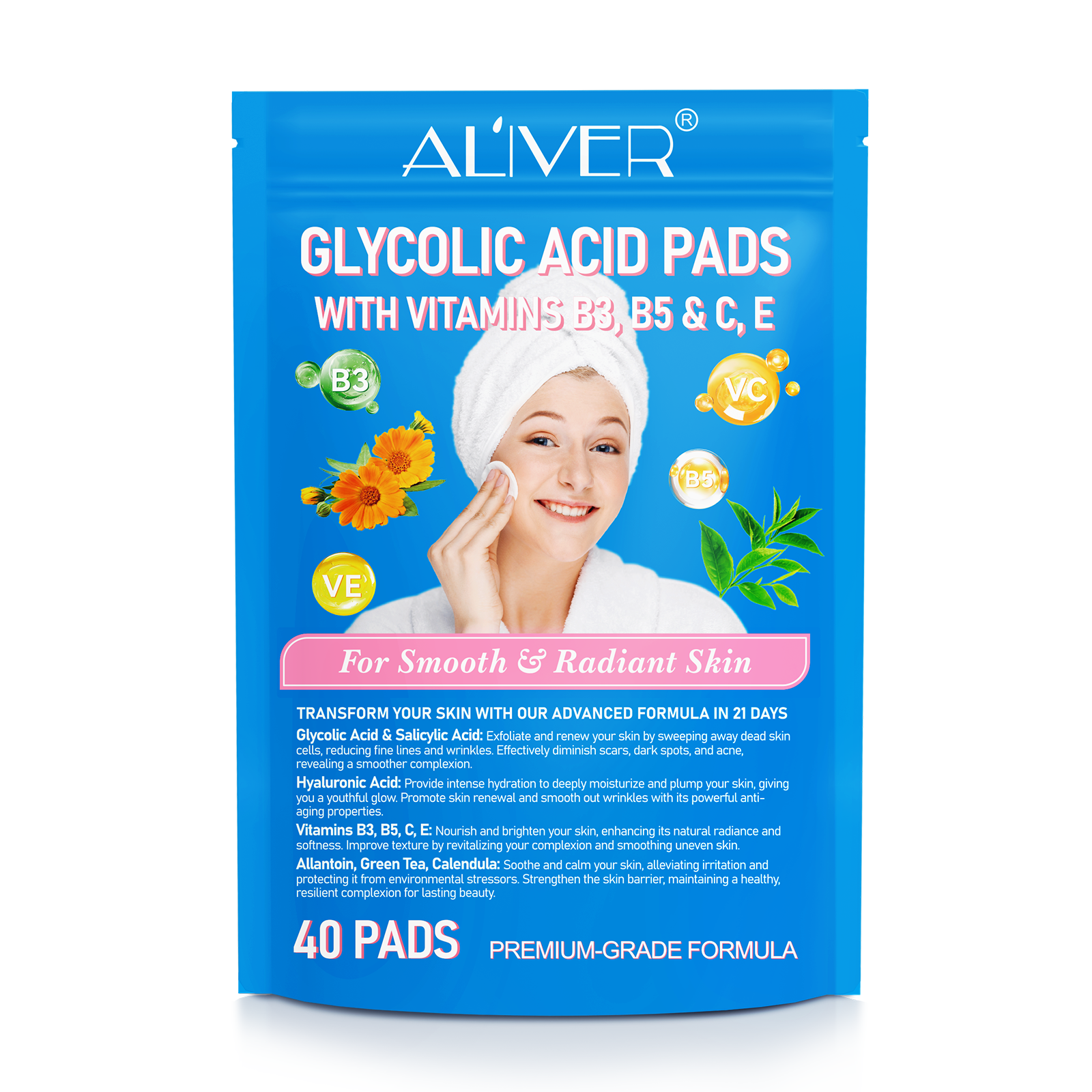 ALIVER Glycolic Acid Exfoliating Pads, 40pcs