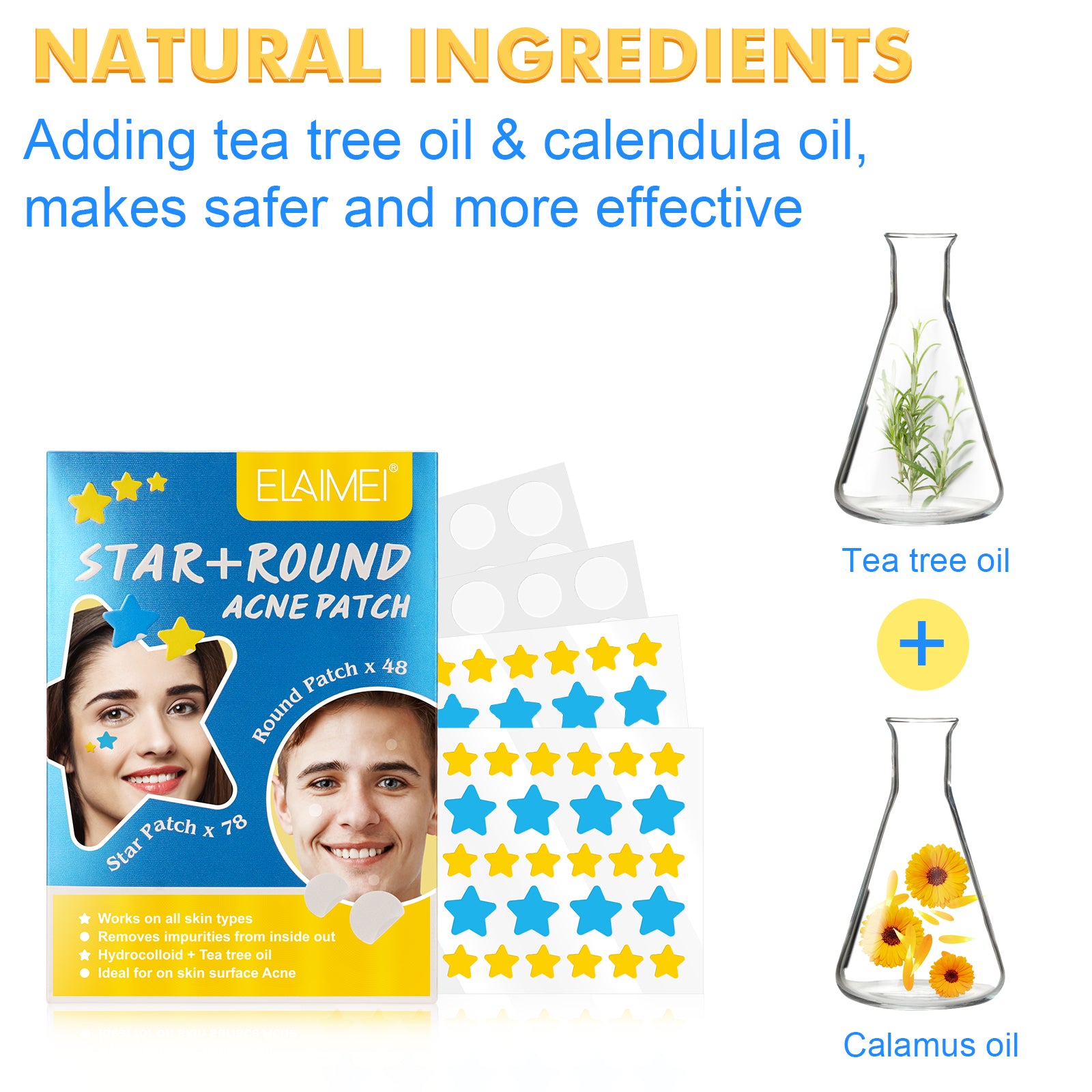 ELAIMEI Stars + Round Pimple Patches, pack of 126pcs (yellow, blue)