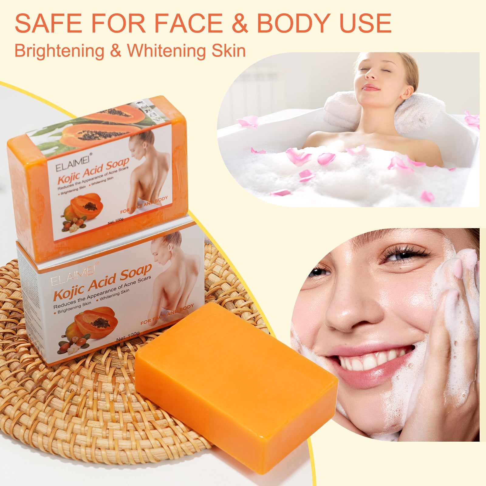 ELAIMEI Papaya Kojic Acid Soap for Face and Body, 100g