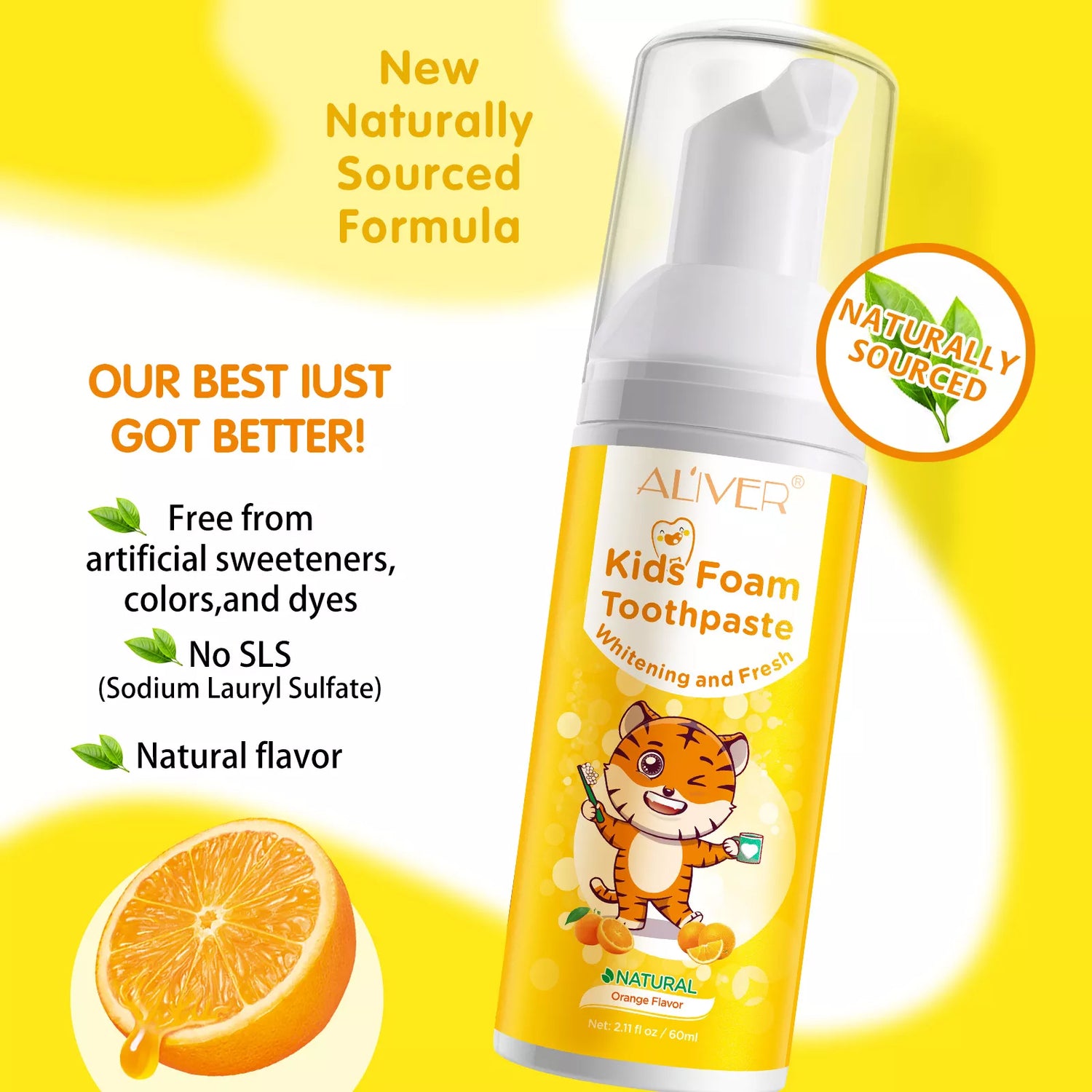 ALIVER Orange Flavor Foam Toothpaste for Kids, 60ml