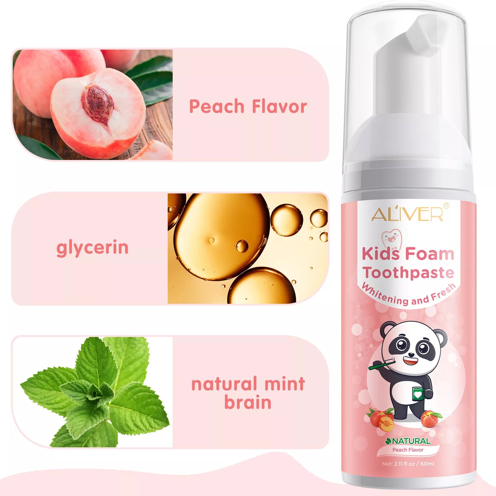ALIVER Peach Flavor Foam Toothpaste for Kids, 60ml