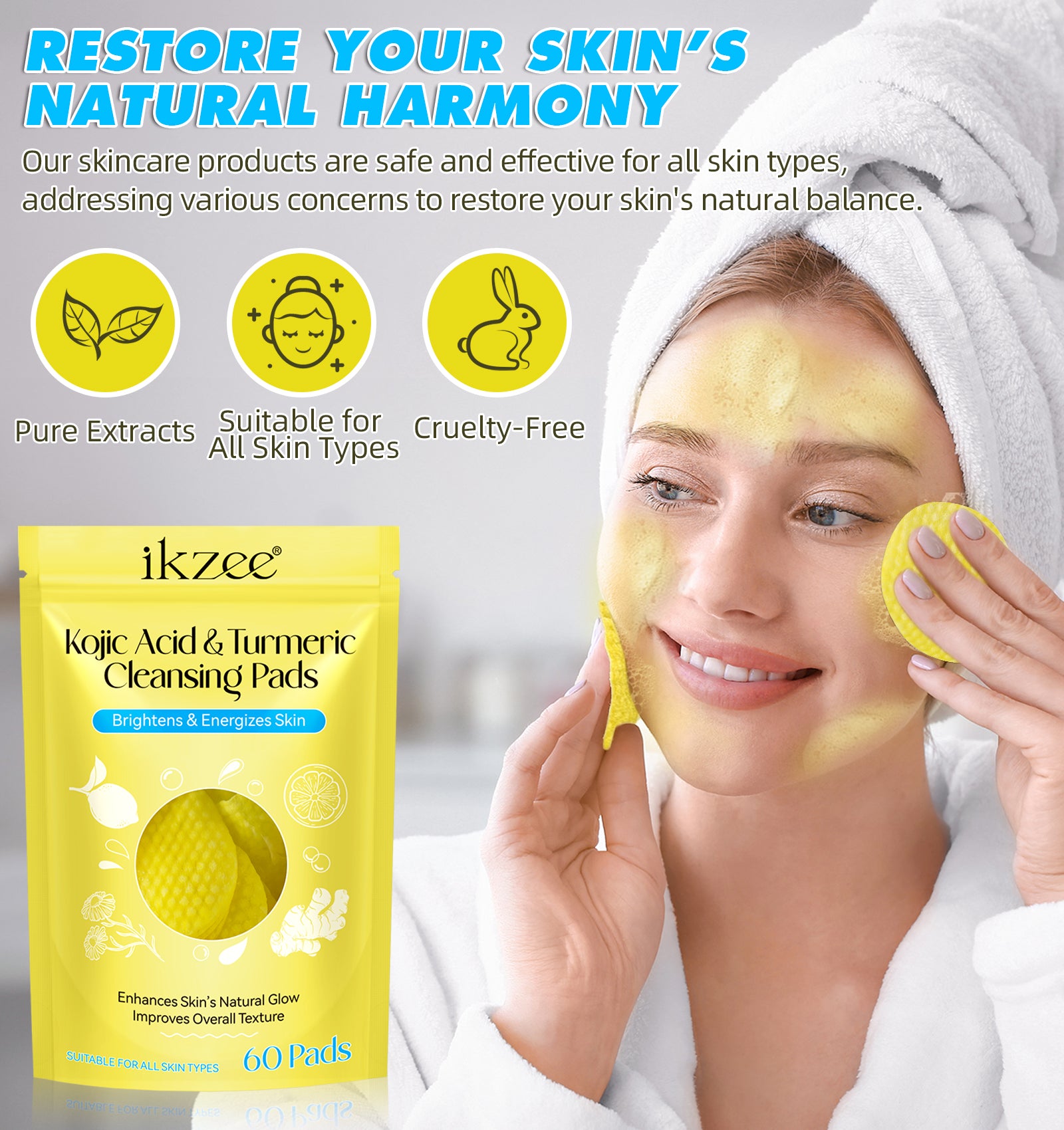 IKZEE Kojic Acid & Turmeric Cleansing Pads, 60pcs