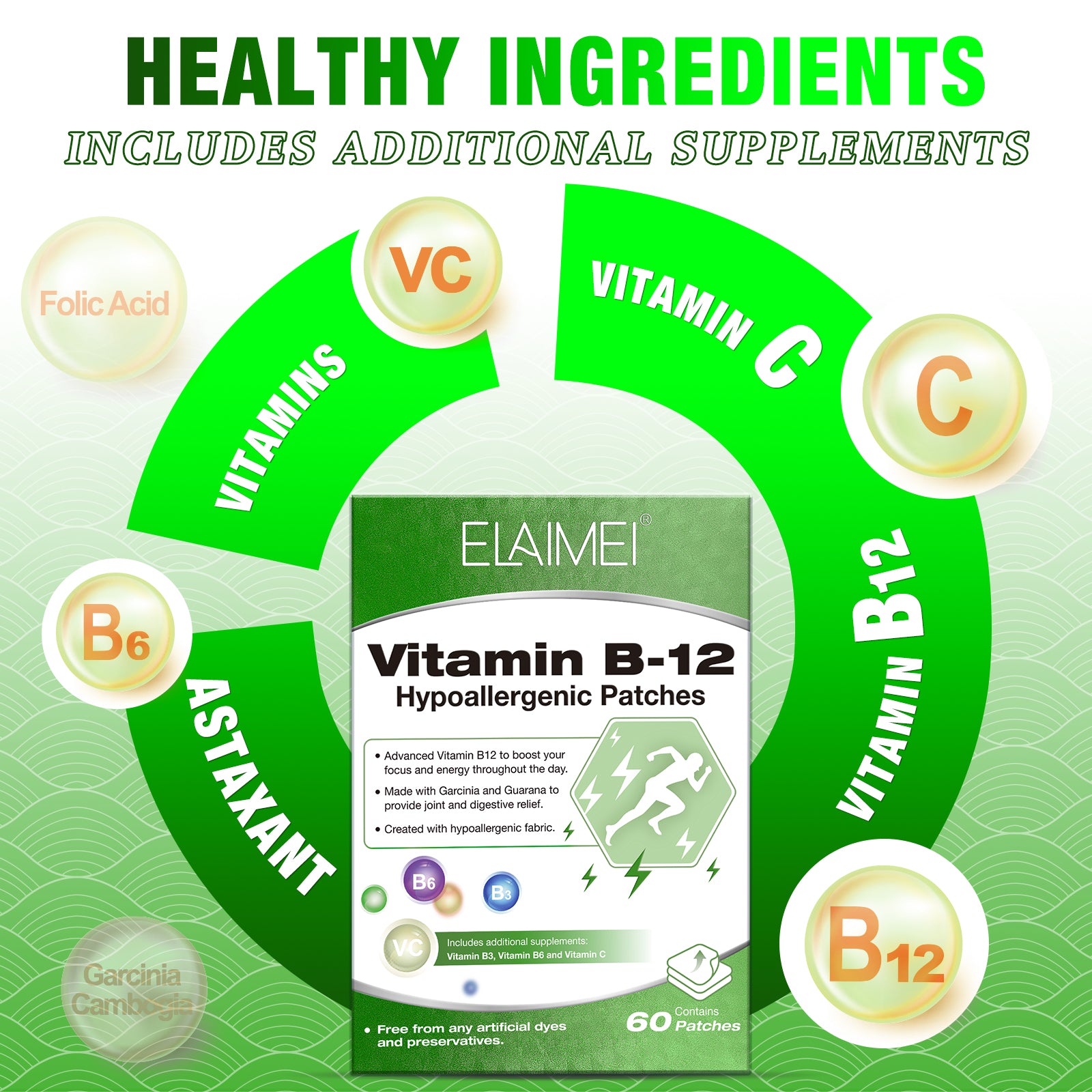 ELAIMEI Vitamin B12 Hypoallergenic Patches, 60pcs