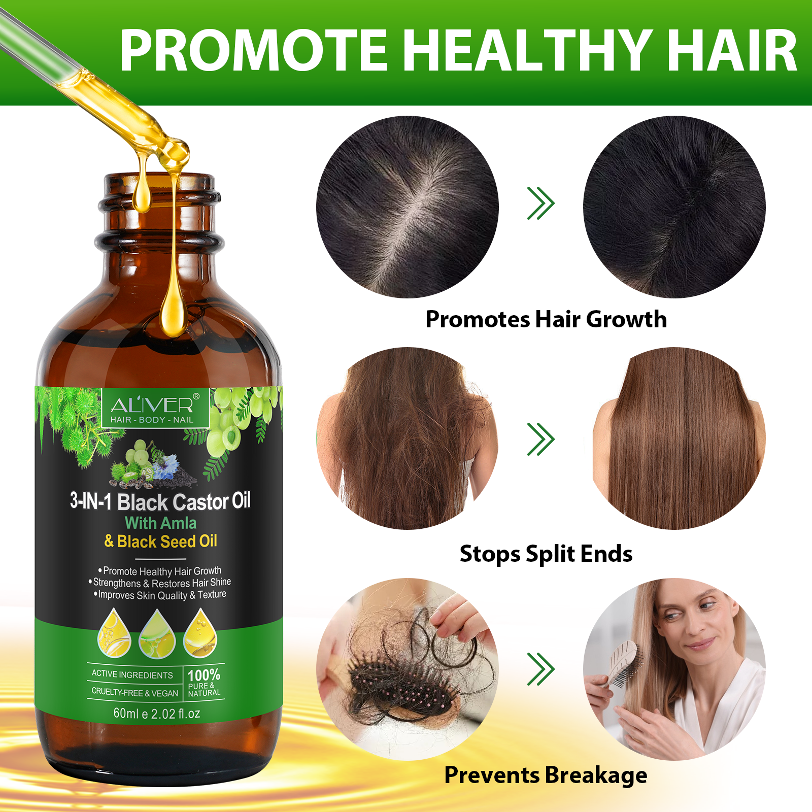 ALIVER Natural 3-in-1 Black Castor Oil with Amla & Black Seed Oil, 60ml