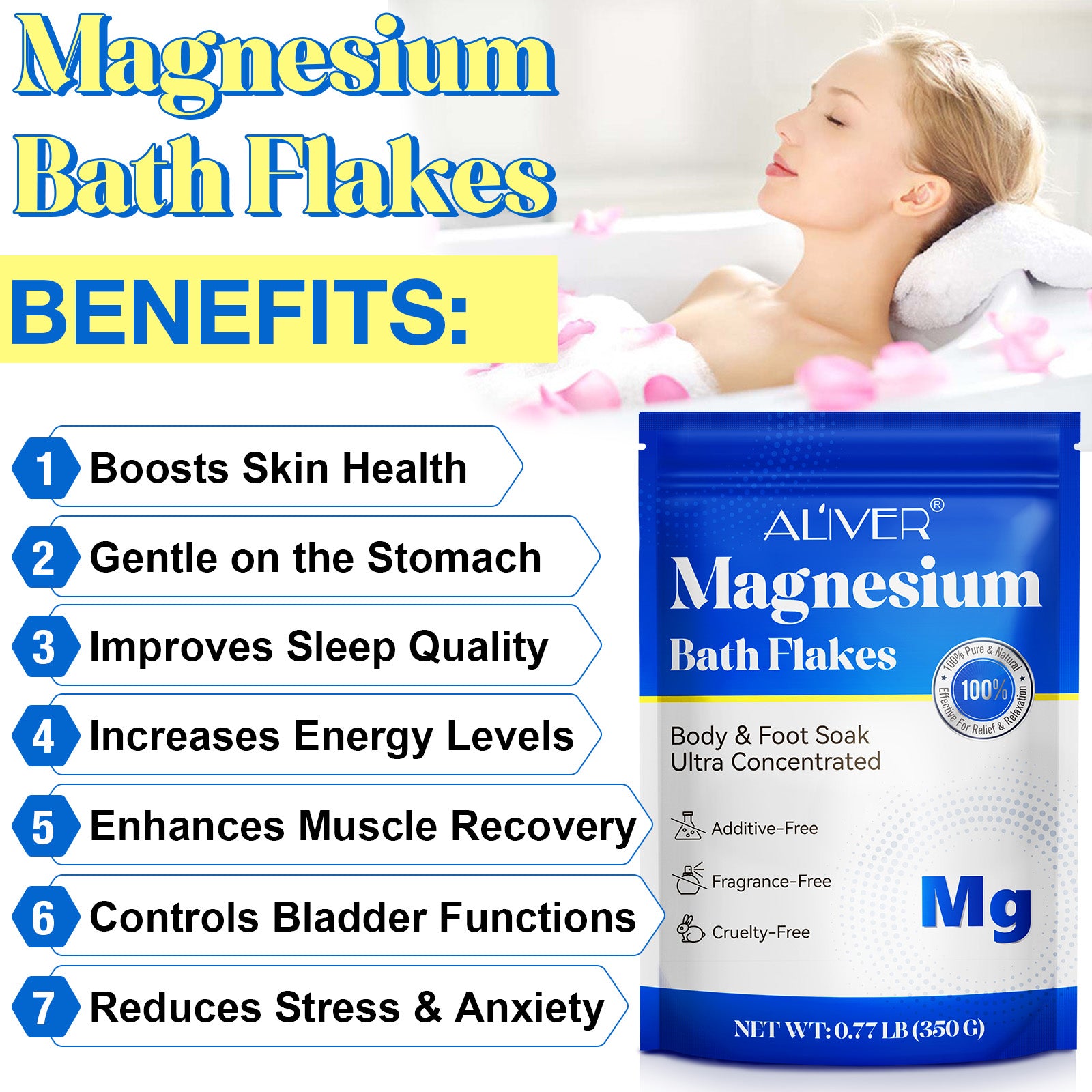 ALIVER Magnesium Chloride Flakes, 100% Natural Bath Salts 350g