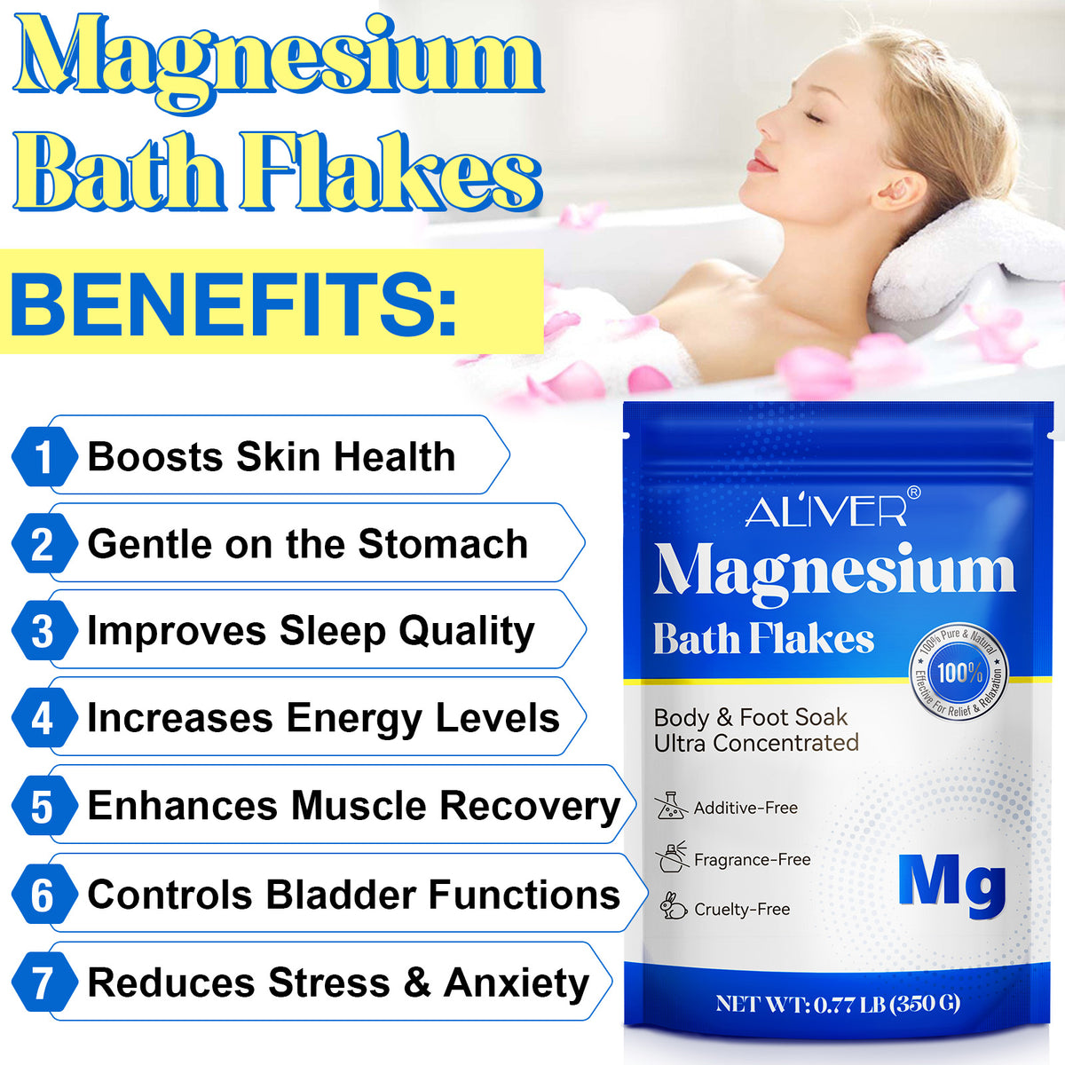 ALIVER Magnesium Chloride Flakes, 100% Natural Bath Salts 350g