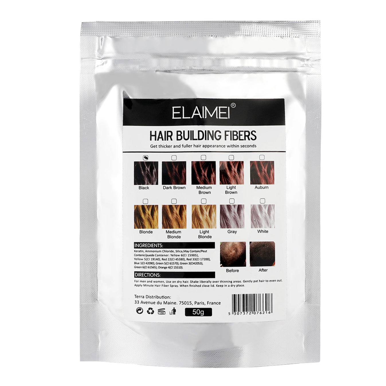 ELAIMEI Hair Loss Building Fibers, 50g (Medium Brown)