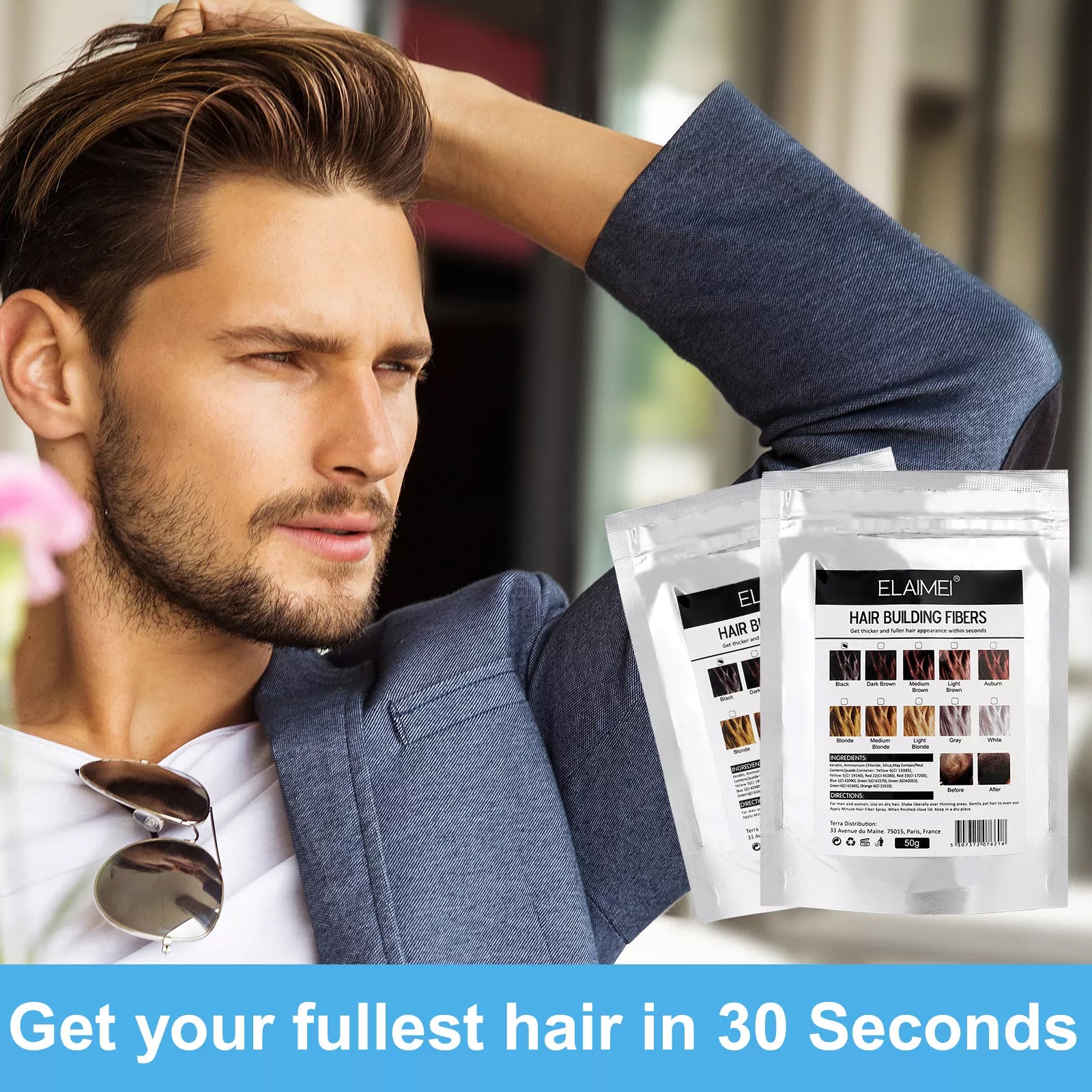 ELAIMEI Hair Building Fibers Alopecia Keratin Thicker Concealer Hair Loss Powder for Men & Women, Dark Brown Bag 50g
