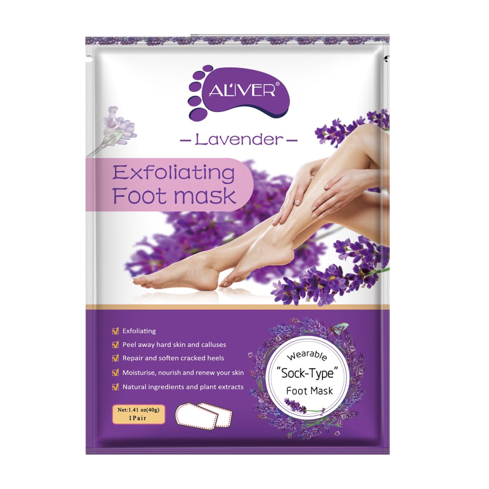 Aliver Exfoliating Foot Peel Mask Baby Soft Feet Smooth Socks Callus Hard Dead Skin Remove Spa Lavender (1 pair)
