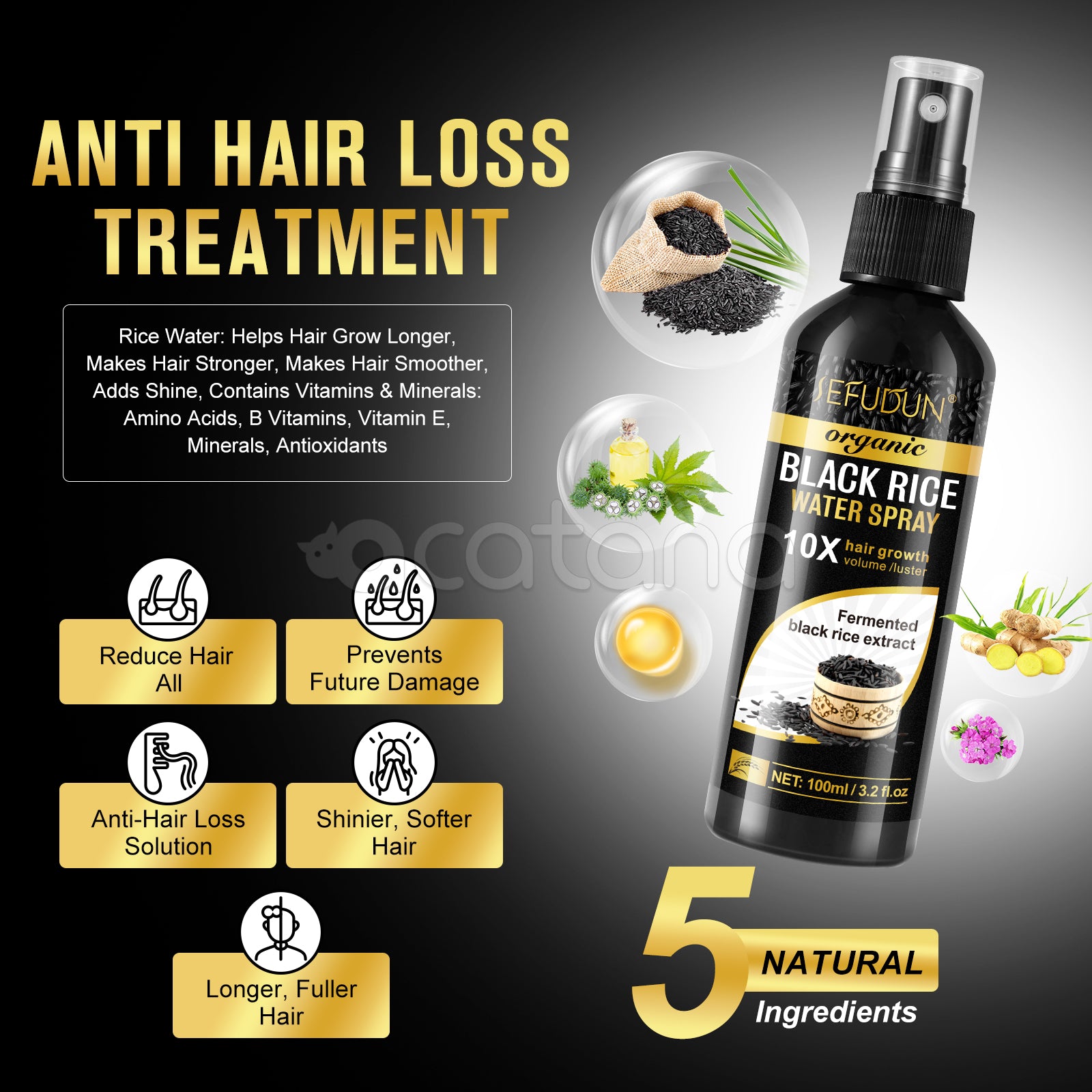 SEFUDUN Organic Black Rice Water Spray for Hair Growth, 100ml