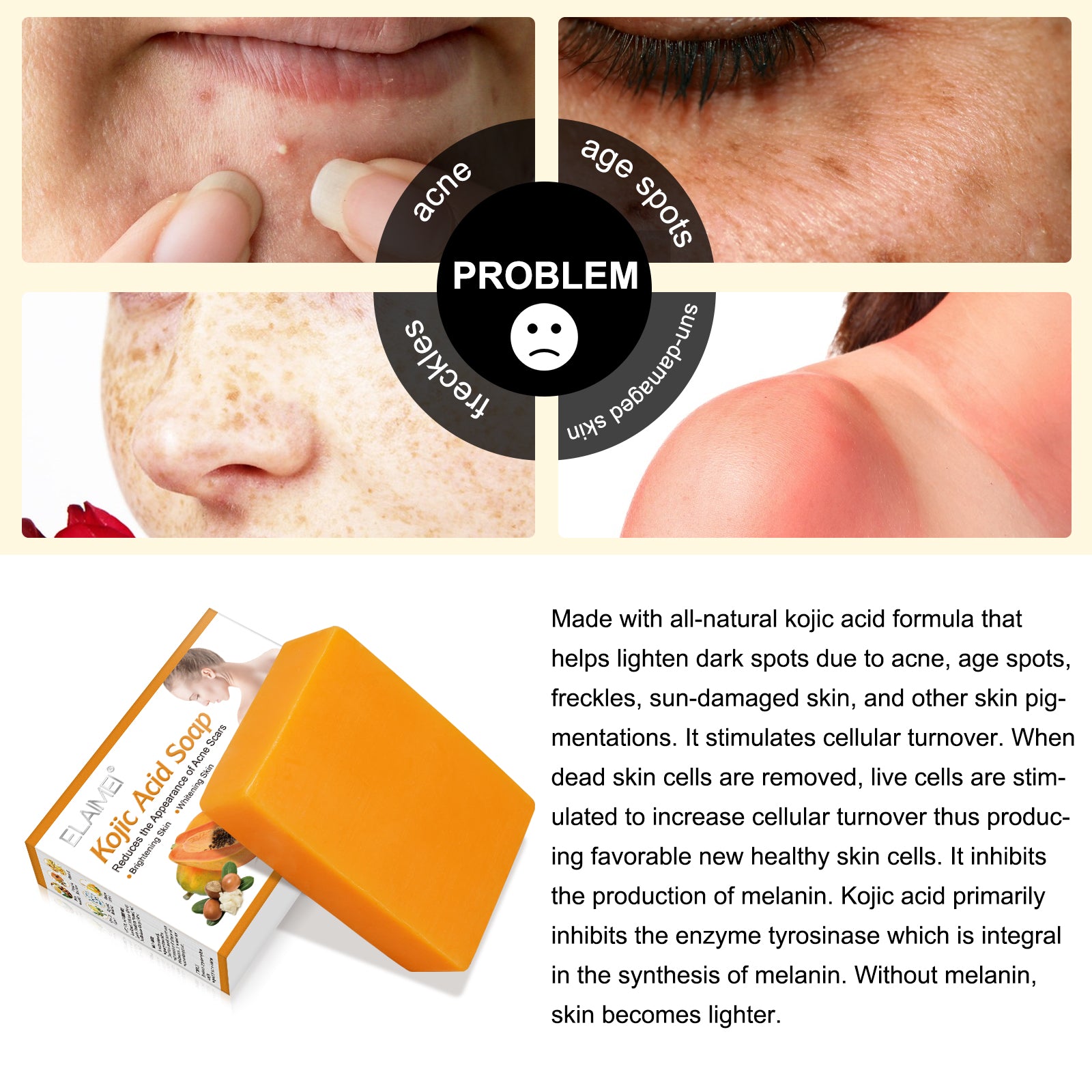 ELAIMEI Papaya Kojic Acid Soap for Face and Body, 100g