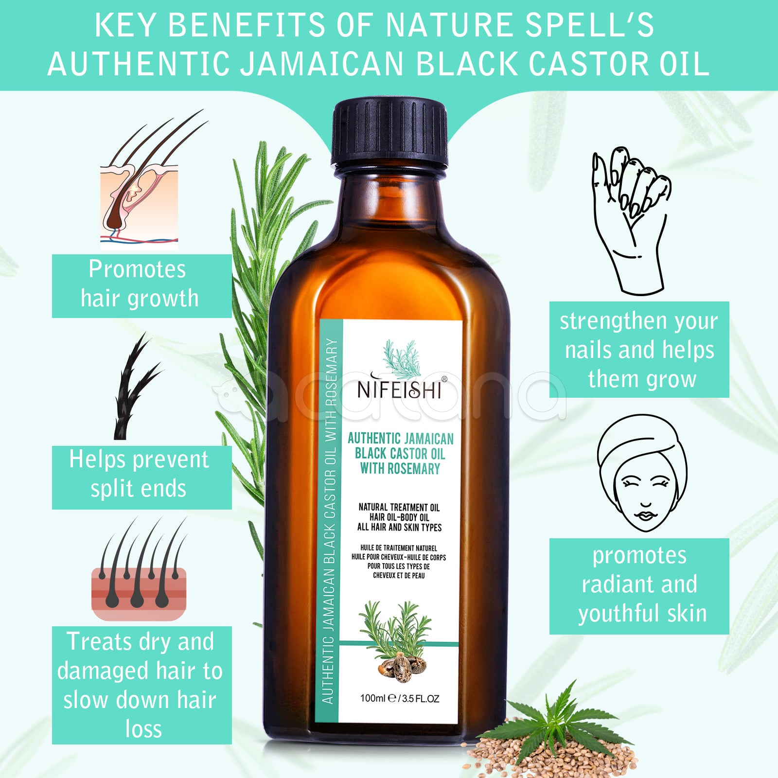 NIFEISHI Authentic Jamaican Black Castor Oil with Rosemary, 100ml