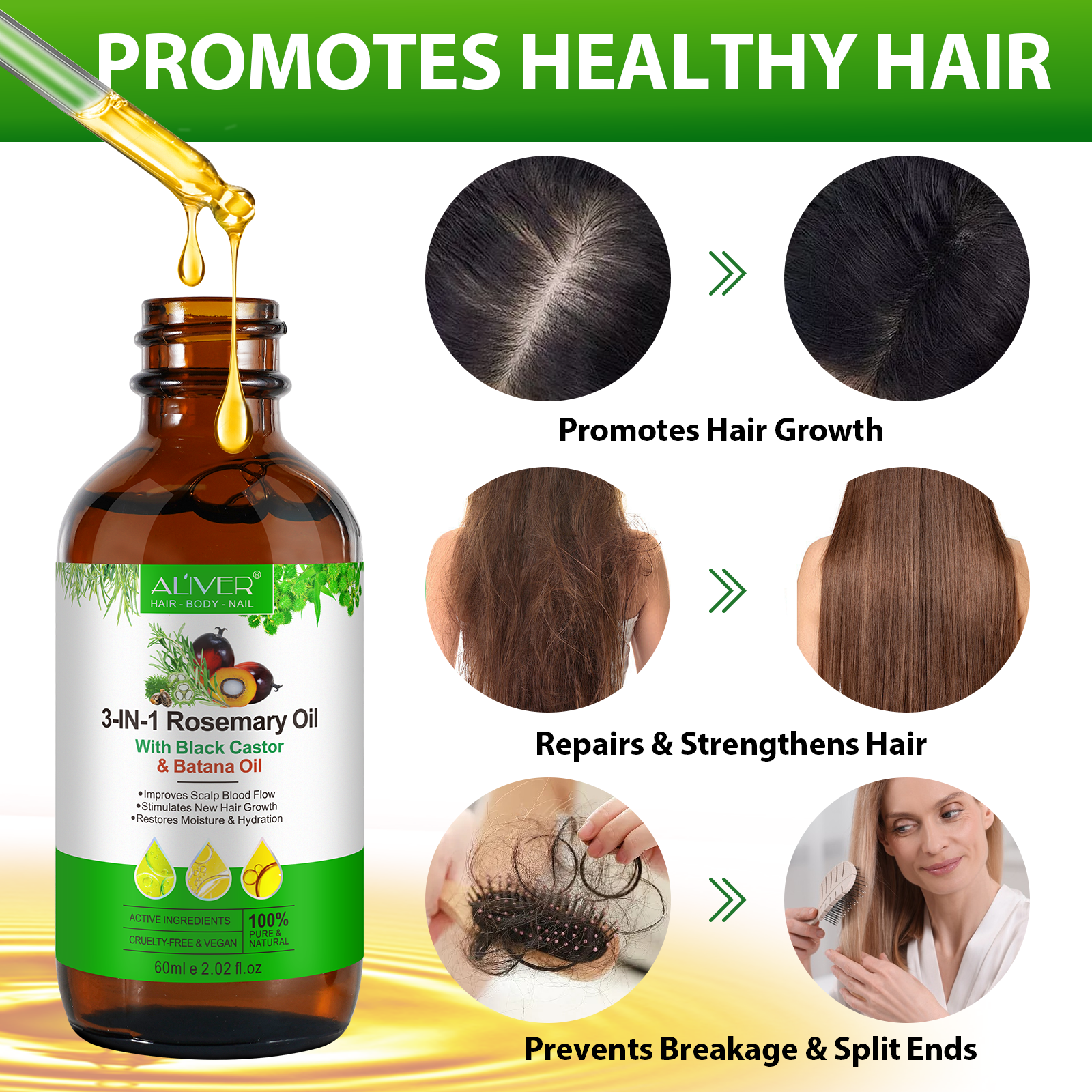 ALIVER Pure Rosemary Oil with Black Castor & Batana Oil for Hair Growth, 60ml