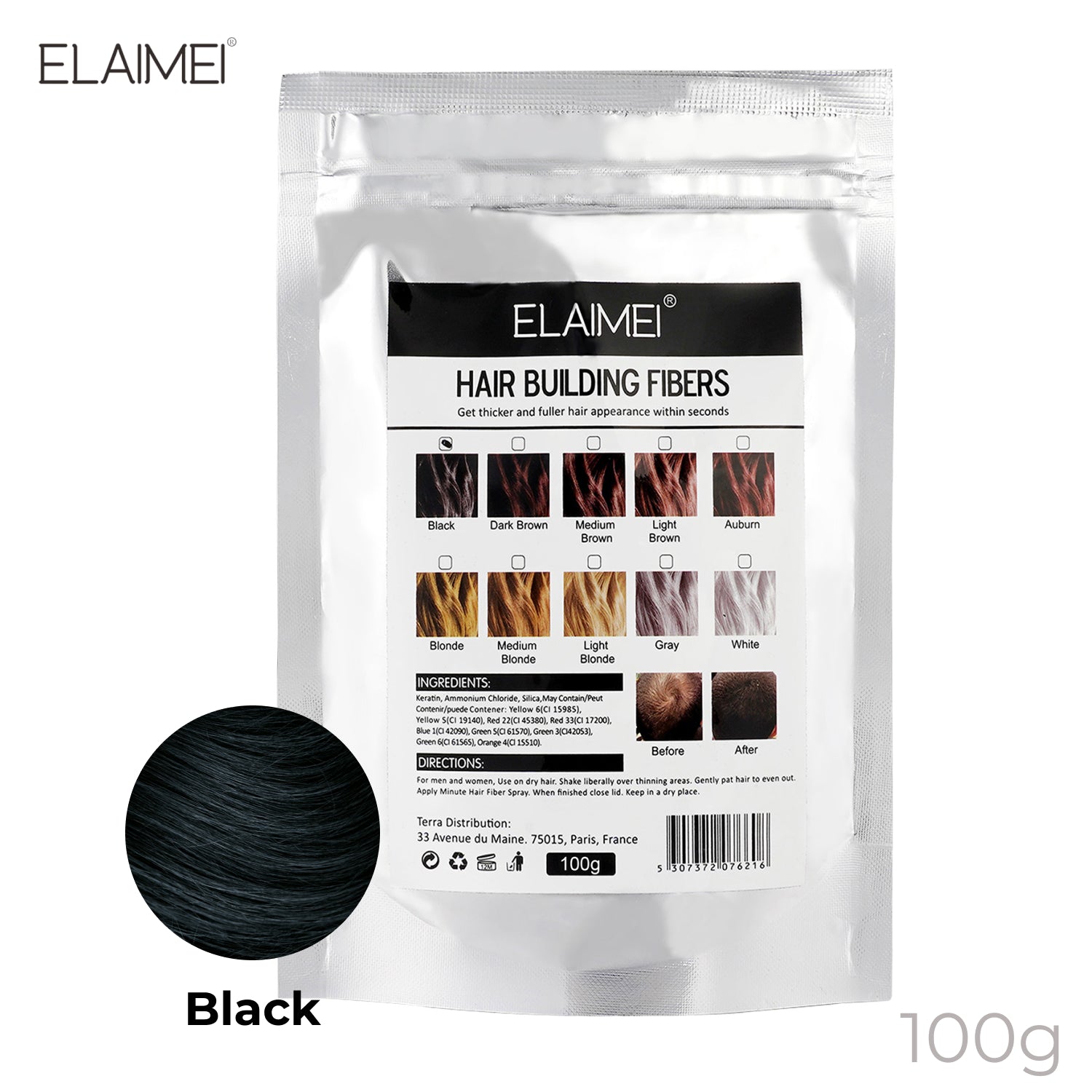 ELAIMEI Hair Loss Building Fibers, 100g (Black)