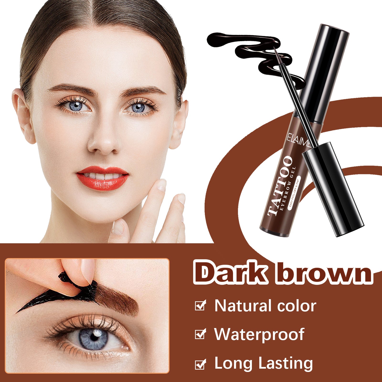 ELAIMEI Tattoo Eyebrow Gel, Long-Lasting Tint (Dark Brown)