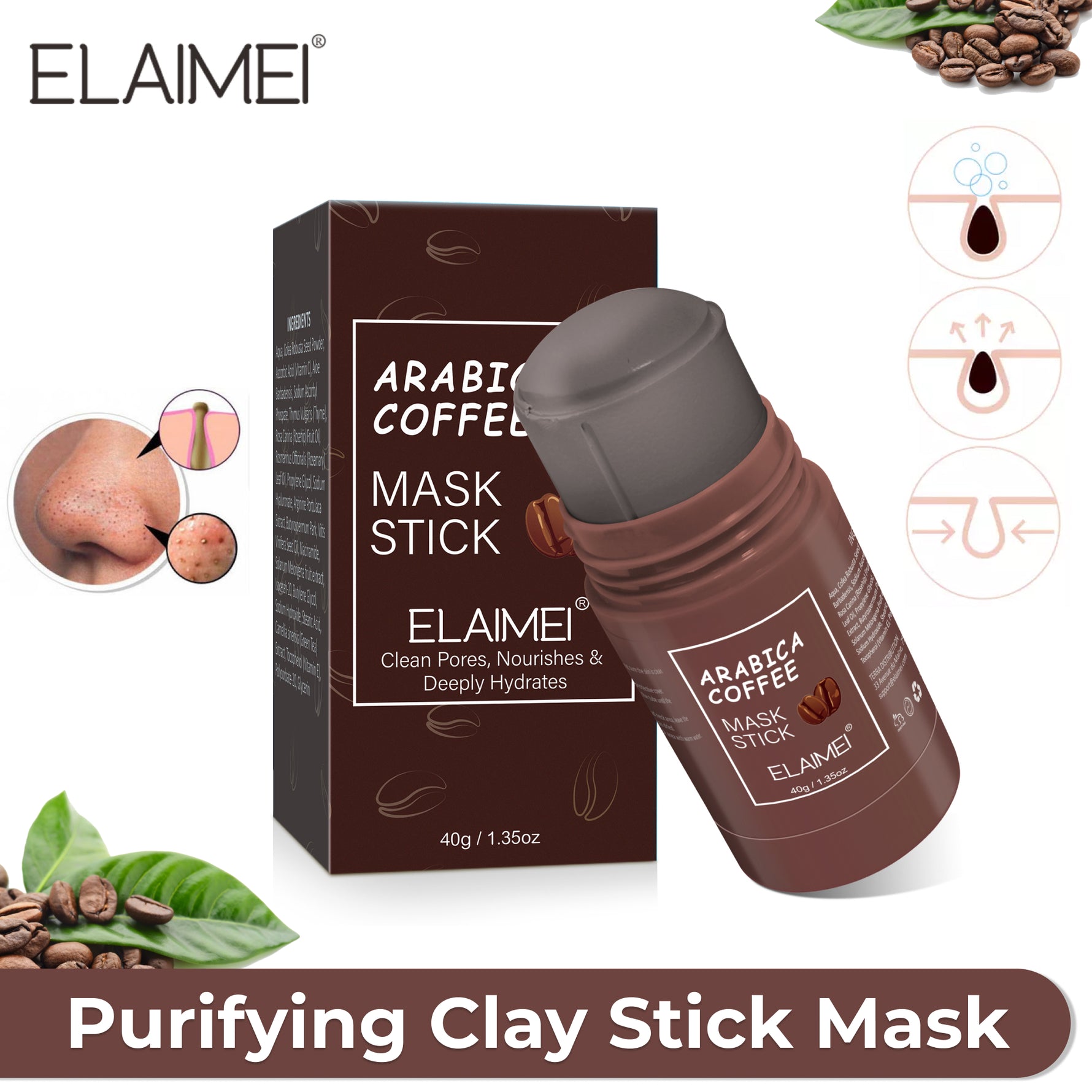 ELAIMEI Arabica Coffee Purifying Clay Mask Stick, 40g