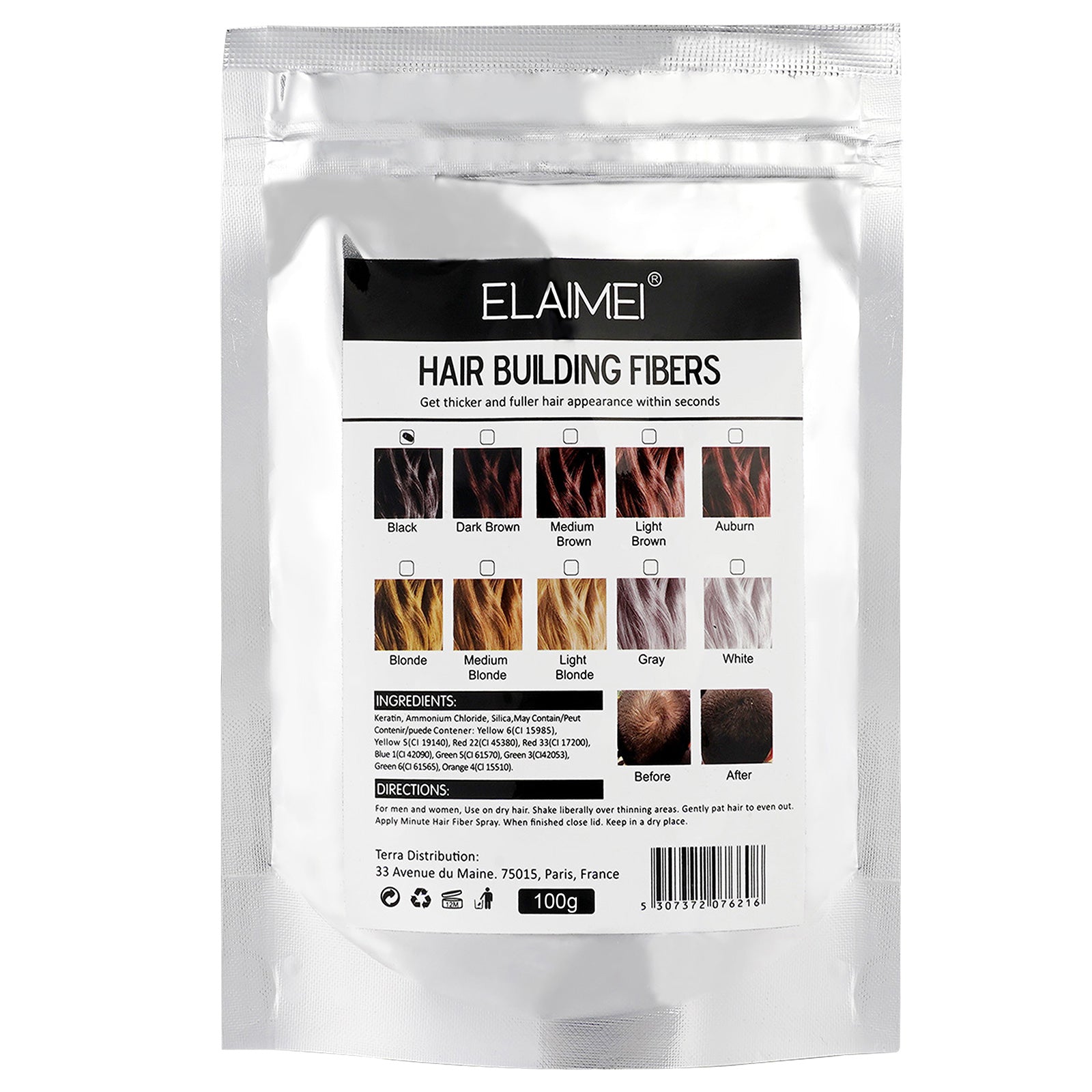 ELAIMEI Hair Loss Building Fibers, 100g (Dark Brown)