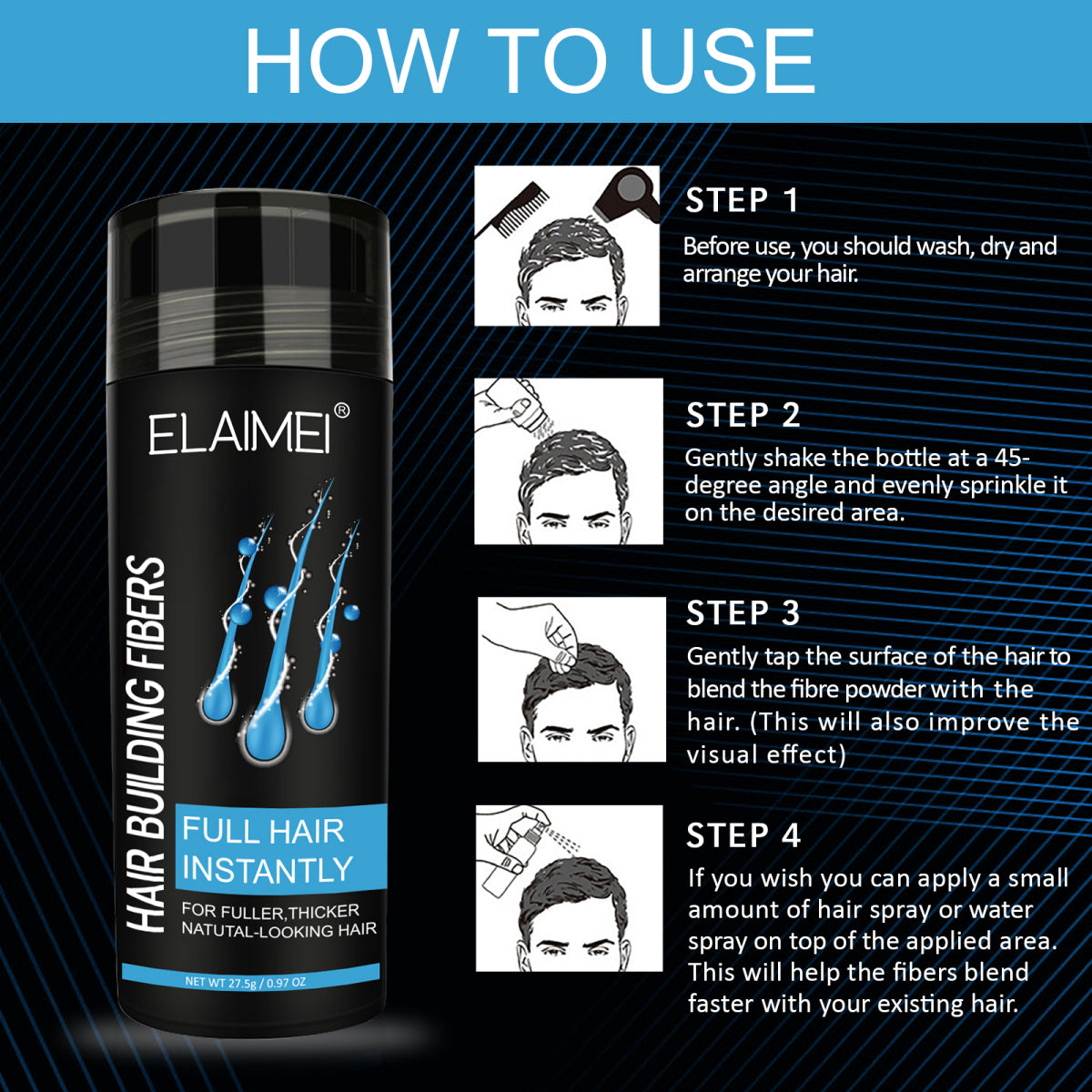 ELAIMEI Hair Loss Building Fibers, 27.5 g (Dark Brown)