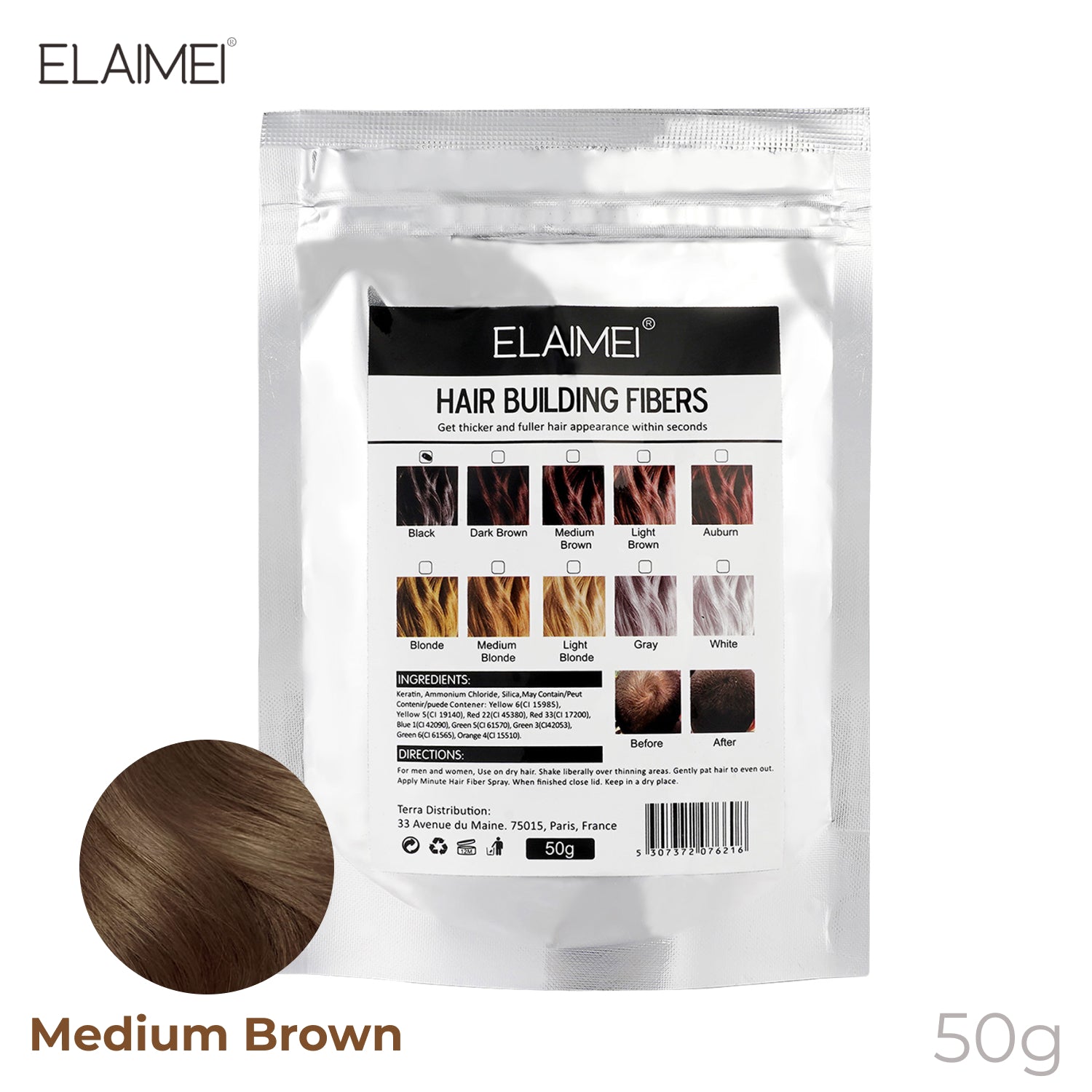ELAIMEI Hair Loss Building Fibers, 50g (Medium Brown)