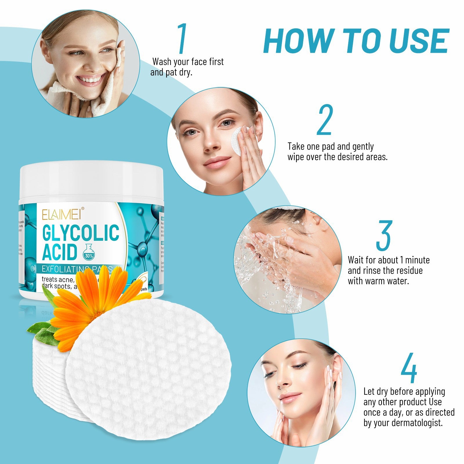 Elaimei Glycolic Acid AHA Chemical Peel Pads for Facial Skin