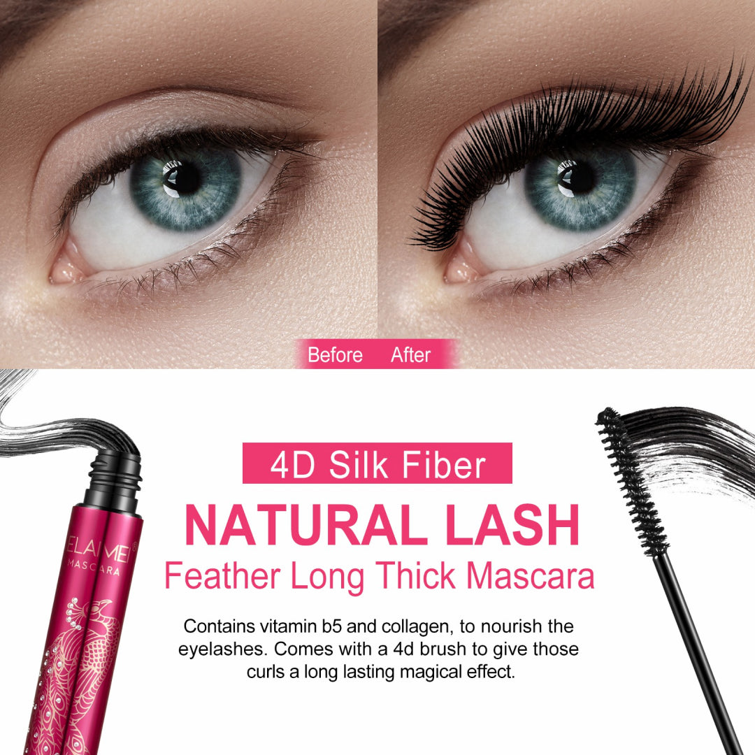 ELAIMEI Black 4D Silk Fiber Eyelash Mascara, Waterproof Makeup 10ml