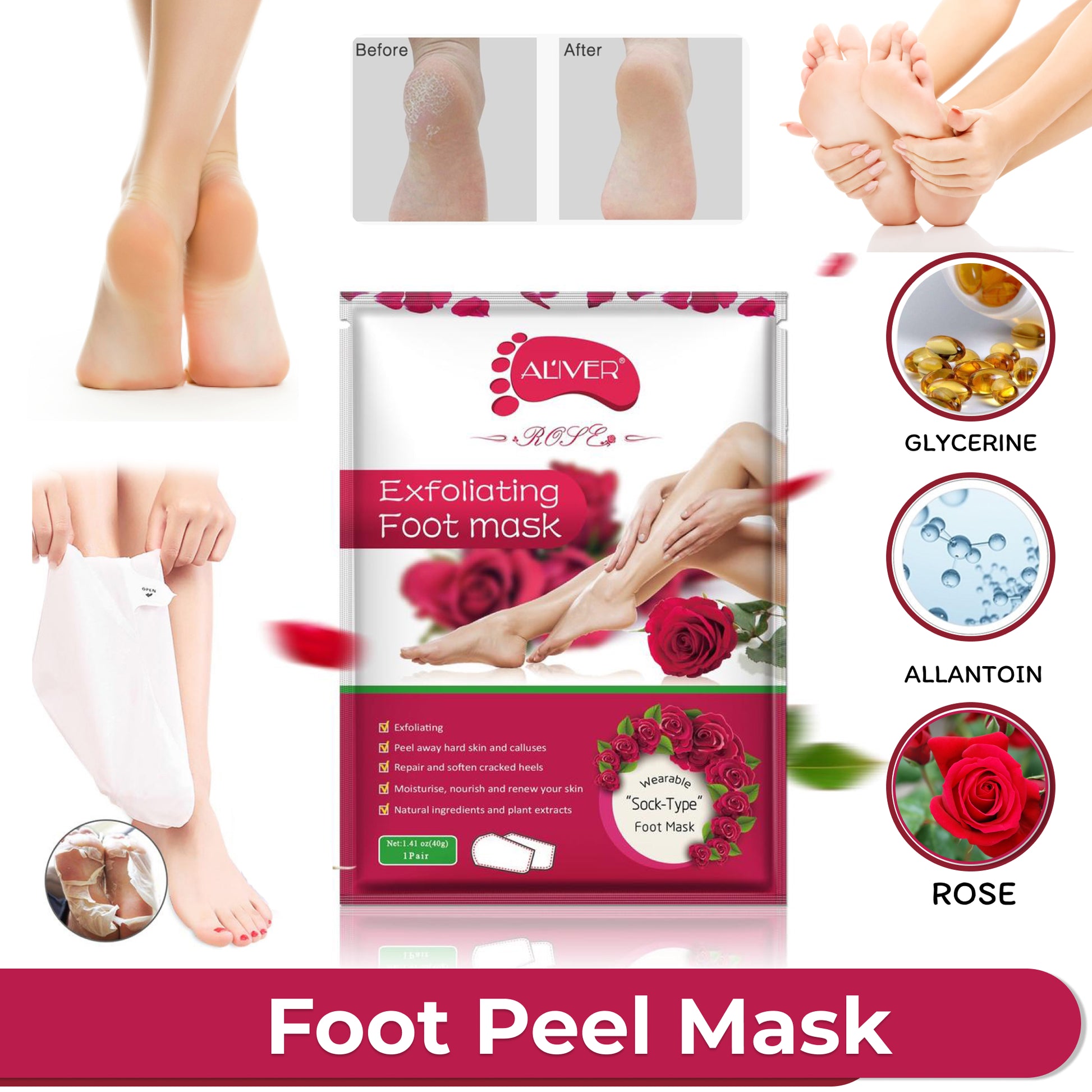 Aliver Rose Soft Foot Peel Mask for Feet Dead Skin Remover