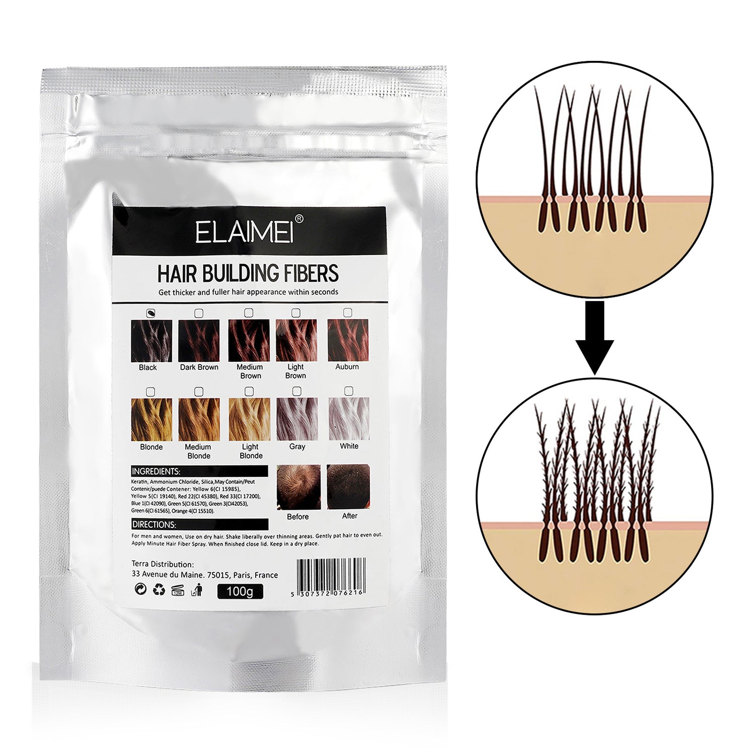 ELAIMEI Hair Loss Building Fibers, 100g (Dark Brown)