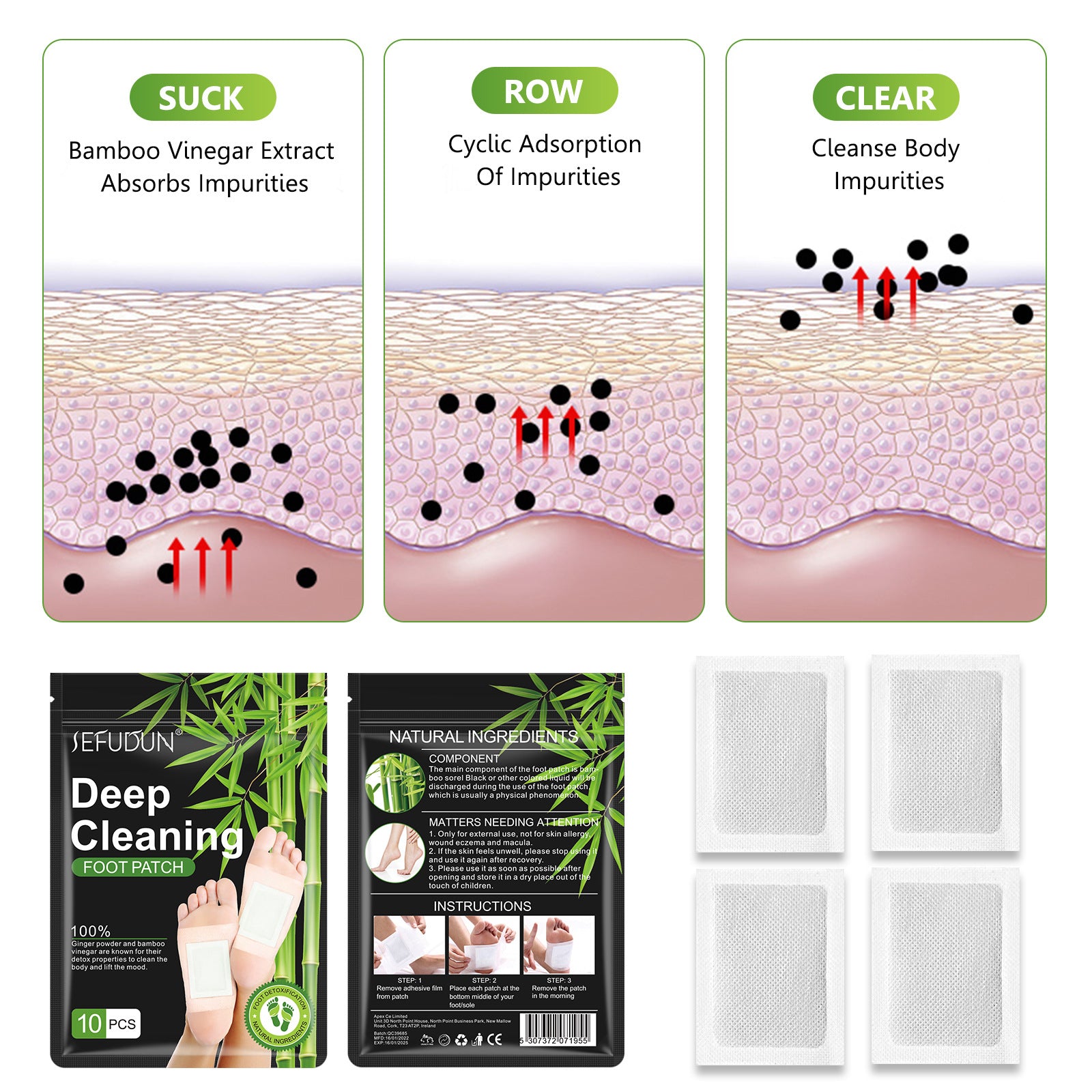 SEFUDUN Deep Cleaning Detox Foot Patches with Bamboo Vinegar & Ginger, 10pcs