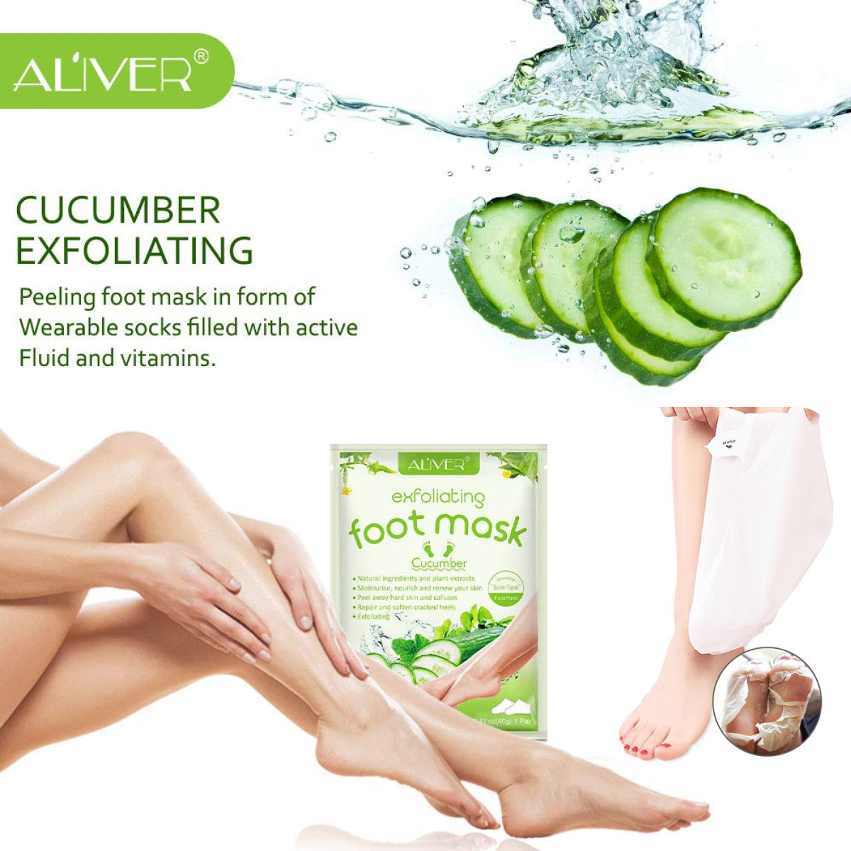 Aliver Cucumber Soft Foot Peel Mask for Feet Dead Skin Remover