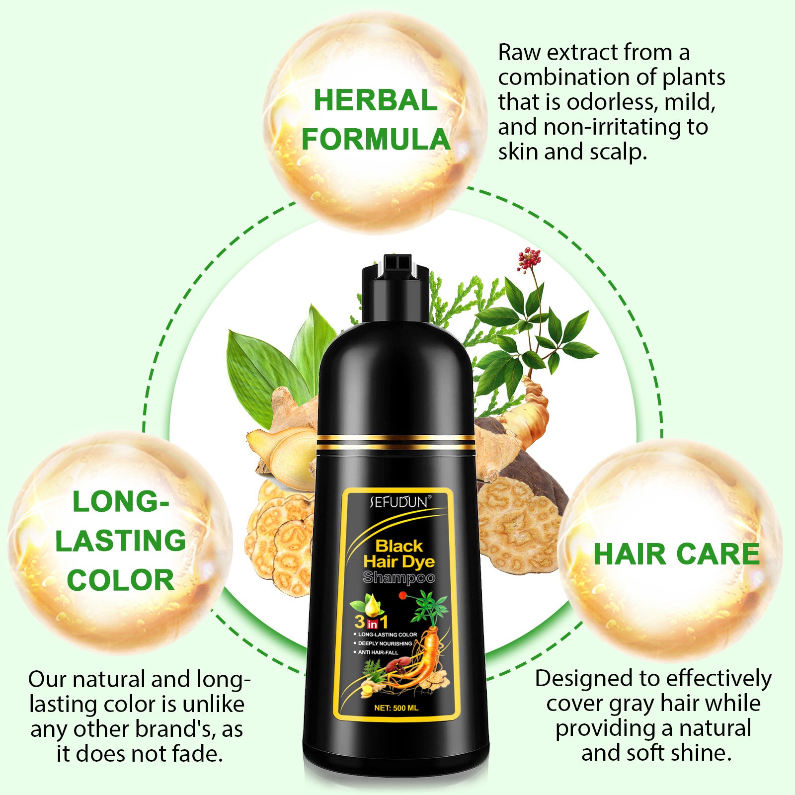 SEFUDUN 3in1 BLACK Hair Dye Shampoo, 500ml